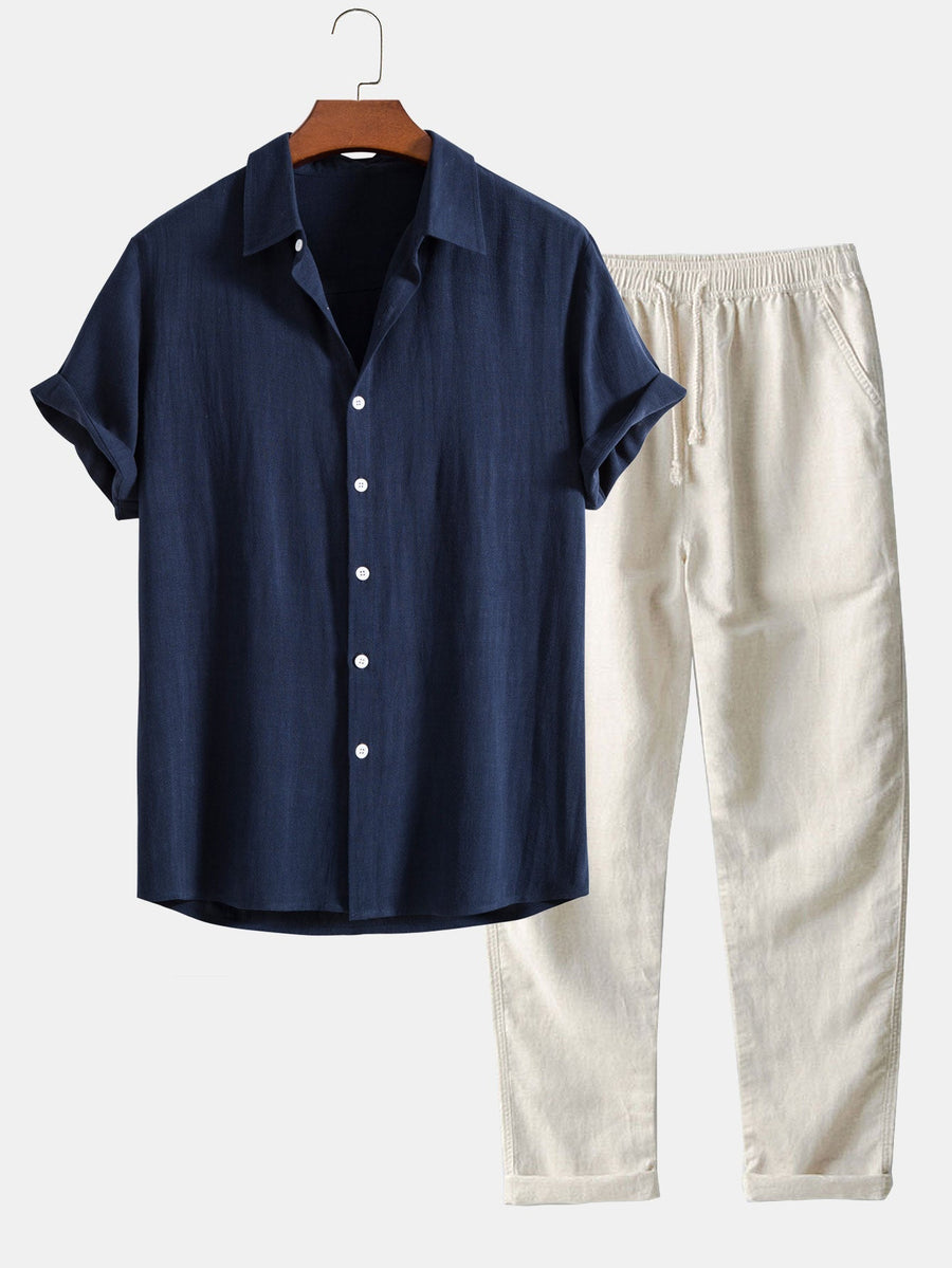 Linnen Rayon Mix Knopen Shirt & Rechte Pijpen Linnen Broek