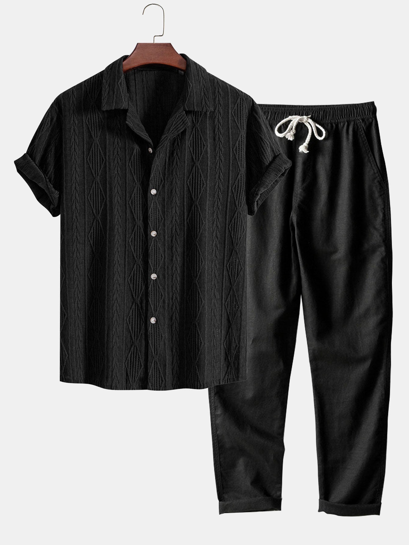 Geometrisch Jacquard Cubaanse Shirt & Rechte Linnen Broek