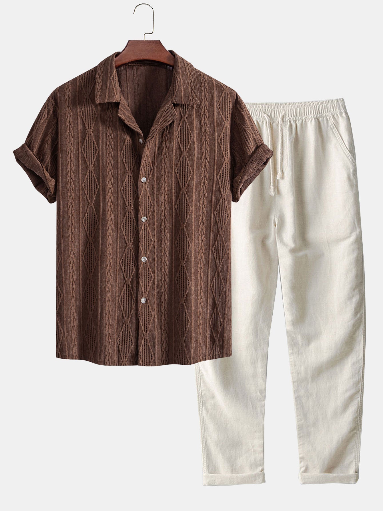 Geometrisch Jacquard Cubaanse Shirt & Rechte Linnen Broek