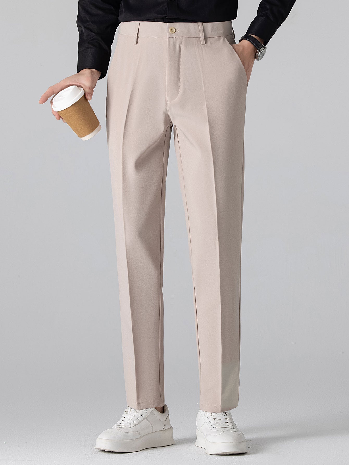 Contrast Trim Textured Zipper Knit Polo & Slim Fit Tapered Trousers