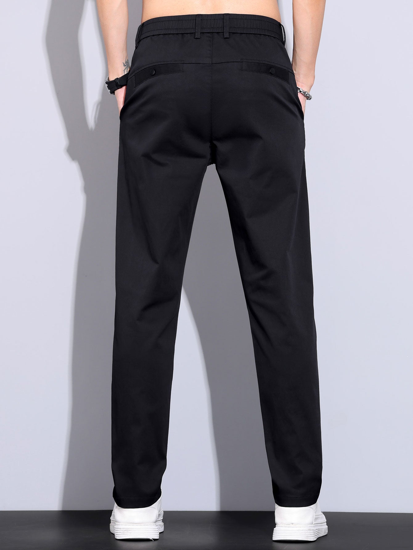 Contrast Trim Ribbed Johnny Collar Knit Polo & Elastic Waist Straight Leg Trousers