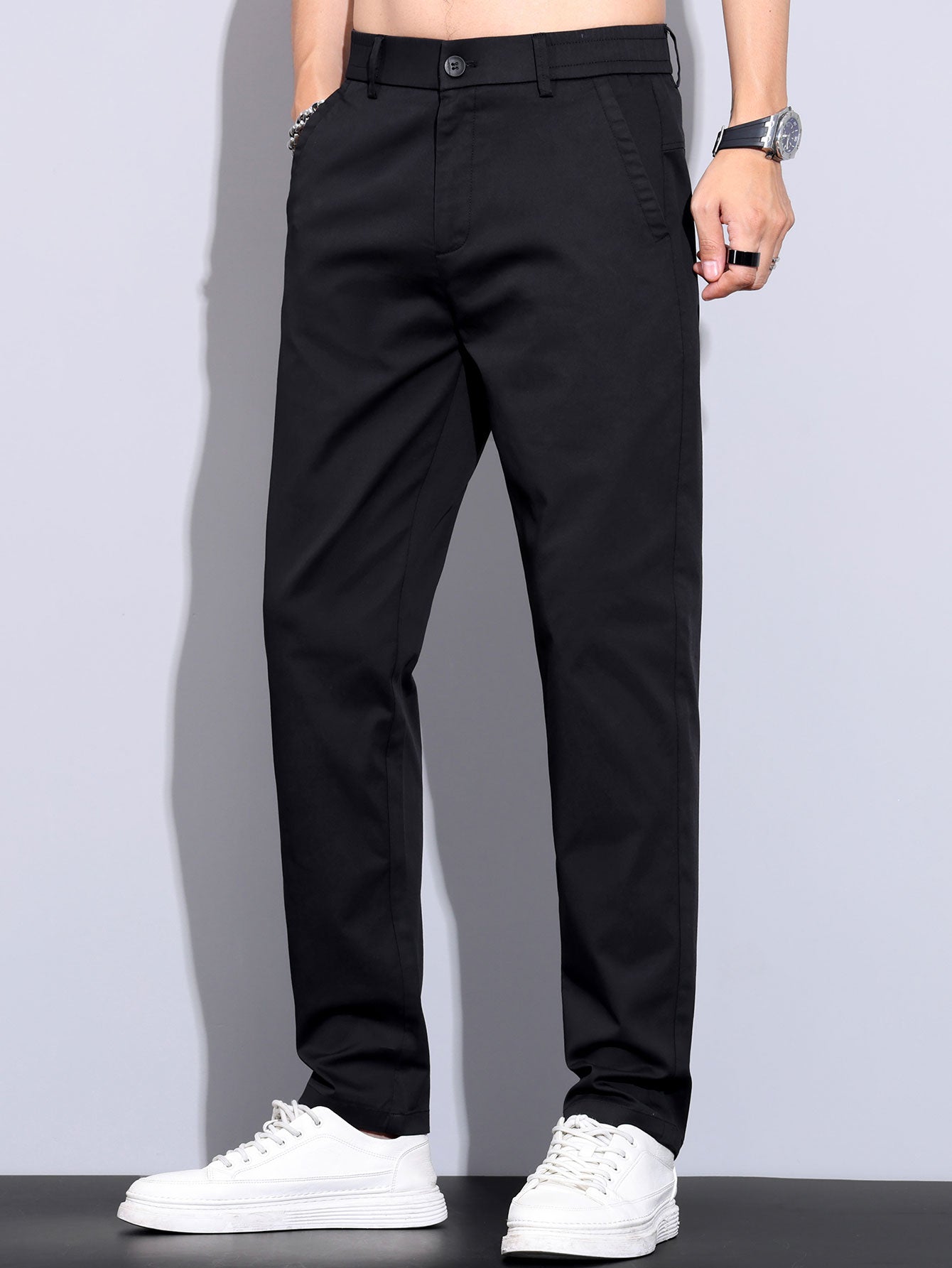 Contrast Trim Ribbed Johnny Collar Knit Polo & Elastic Waist Straight Leg Trousers