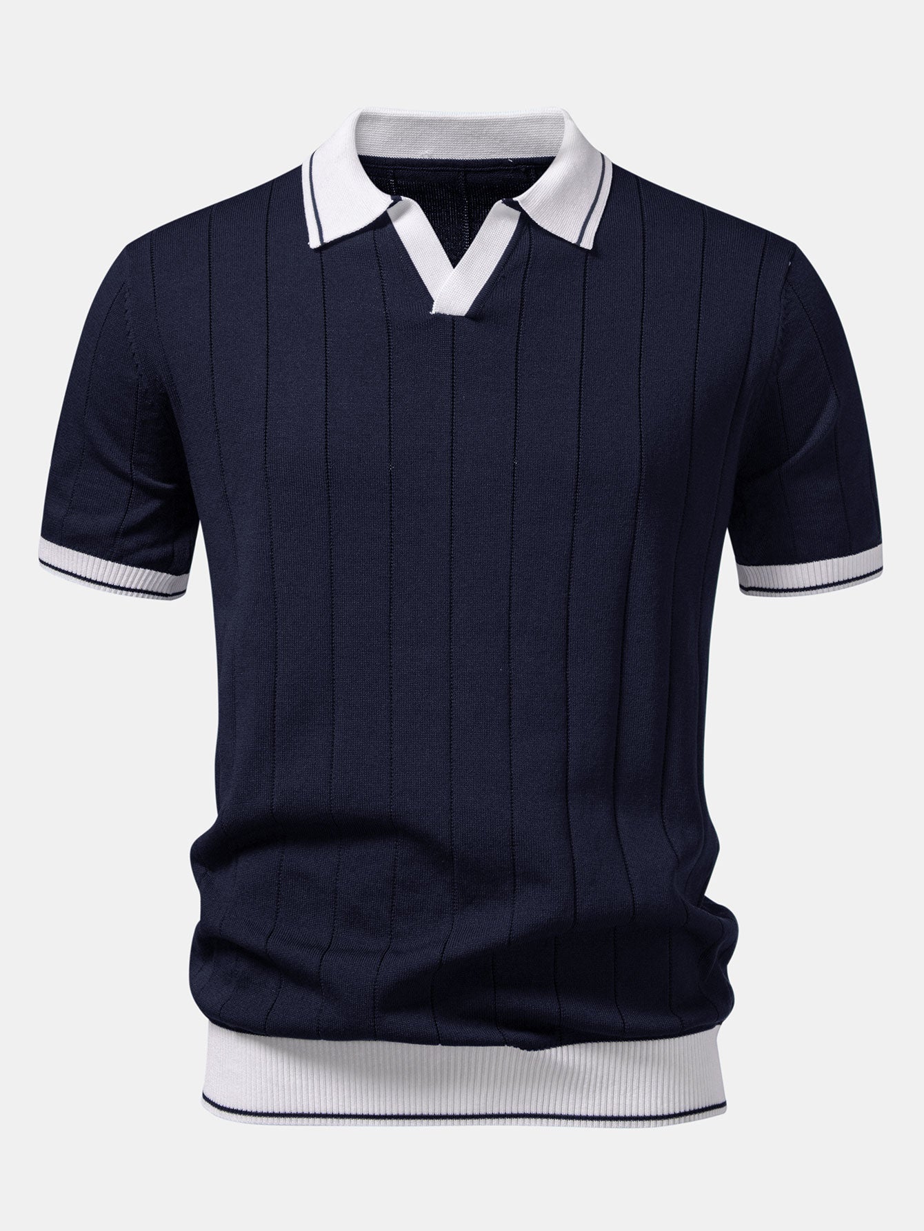 Contrast Trim Ribbed Johnny Collar Knit Polo & Elastic Waist Straight Leg Trousers