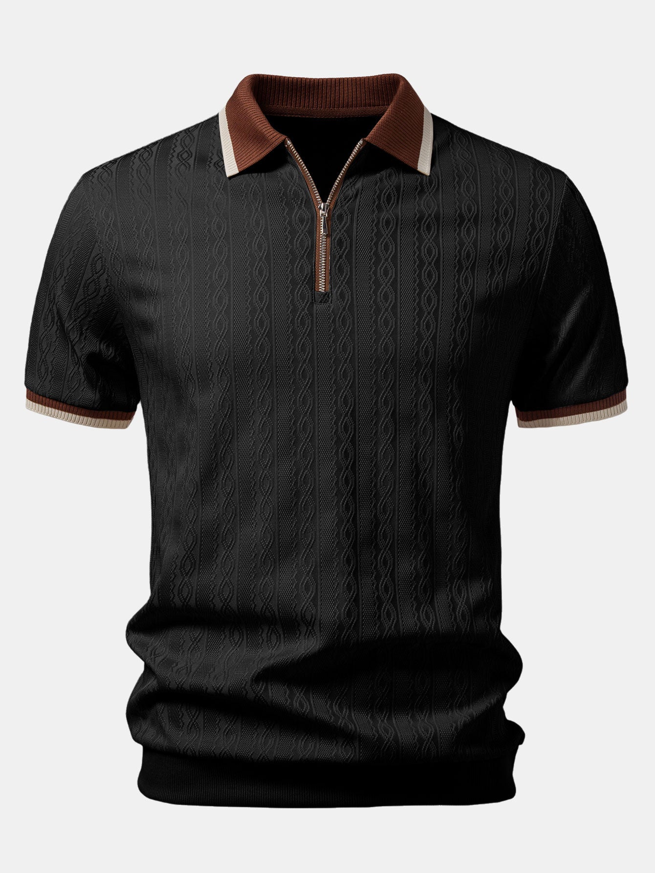 Contrast Trim Textured Zipper Knit Polo & Elastic Waist Straight Leg Trousers