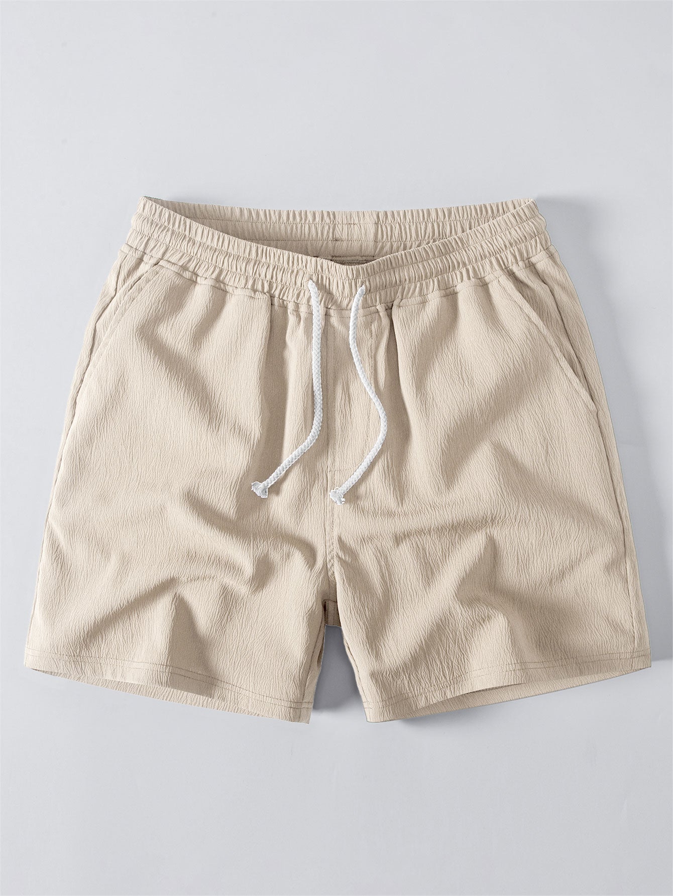 Relax Fit Crocheted V Neck Polo & Crinkle Textured Drawstring 5" Shorts