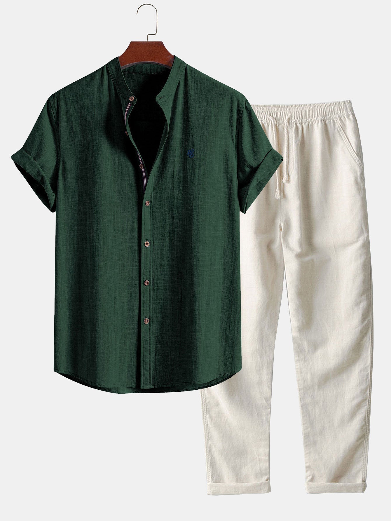 Short Sleeve Linen Look Stand Collar Shirt & Straight Leg Linen Pants