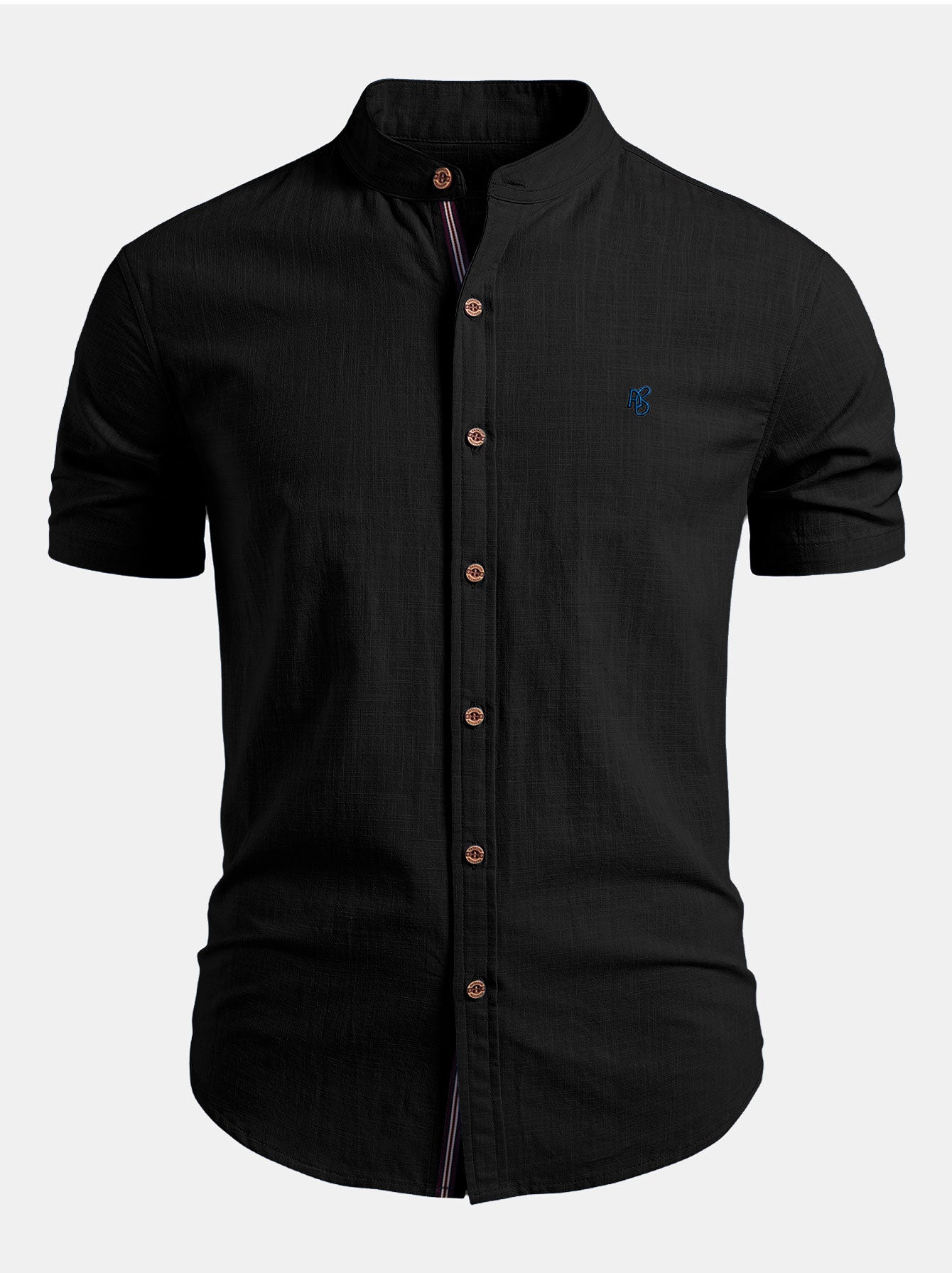 Short Sleeve Linen Look Stand Collar Shirt & Crinkle Textured Straight Leg Pants