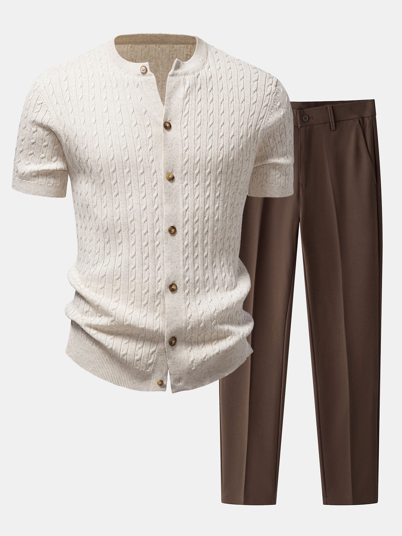 Twisted Jacquard Crew Neck Button Up Knit Shirt & Slim Fit Tapered Trousers