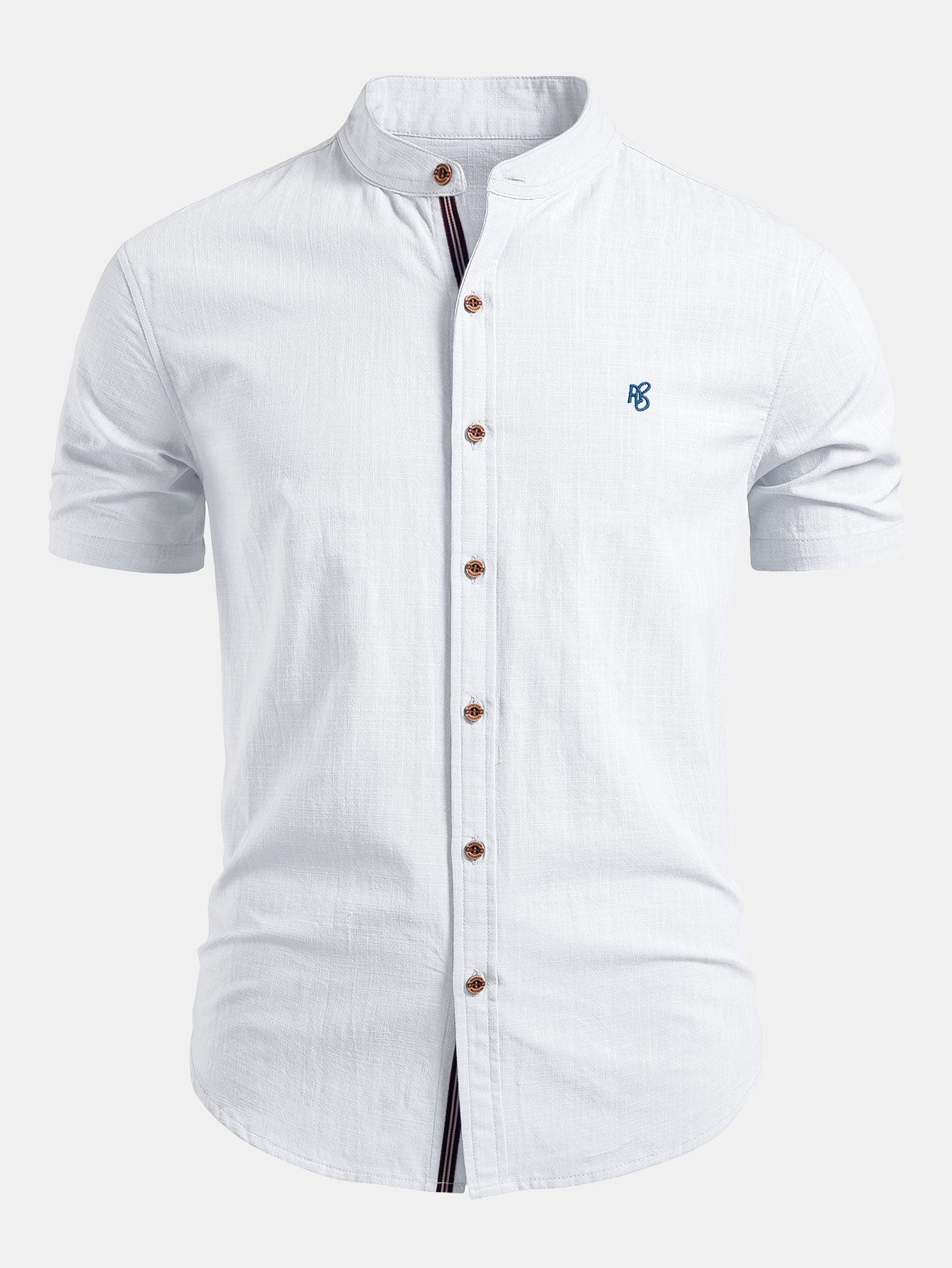 Short Sleeve Linen Look Stand Collar Shirt & Straight Leg Linen Pants