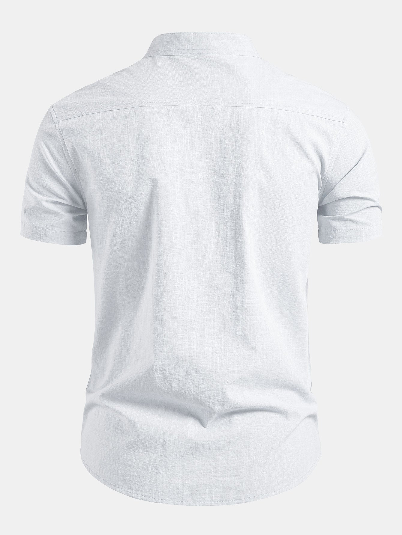 Short Sleeve Linen Look Stand Collar Shirt & Crinkle Textured Straight Leg Pants