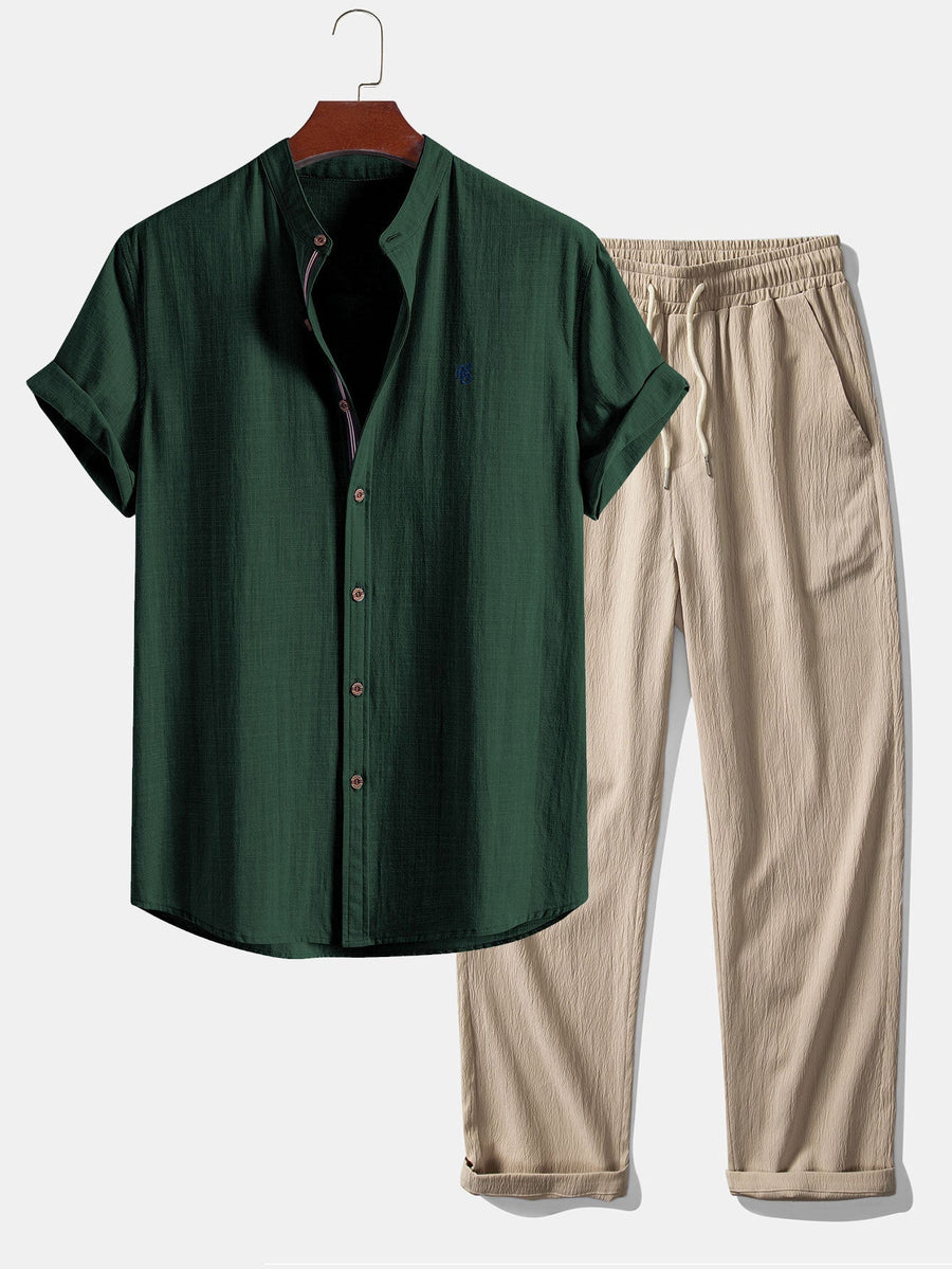 Short Sleeve Linen Look Stand Collar Shirt & Crinkle Textured Straight Leg Pants