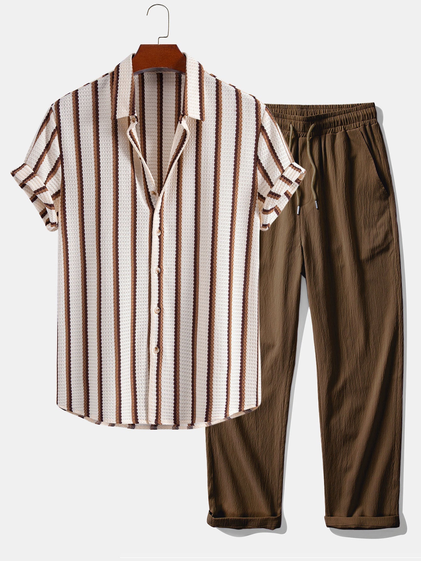 Stripe Waffle Button Up Shirt & Crinkle Textured Straight Leg Pants