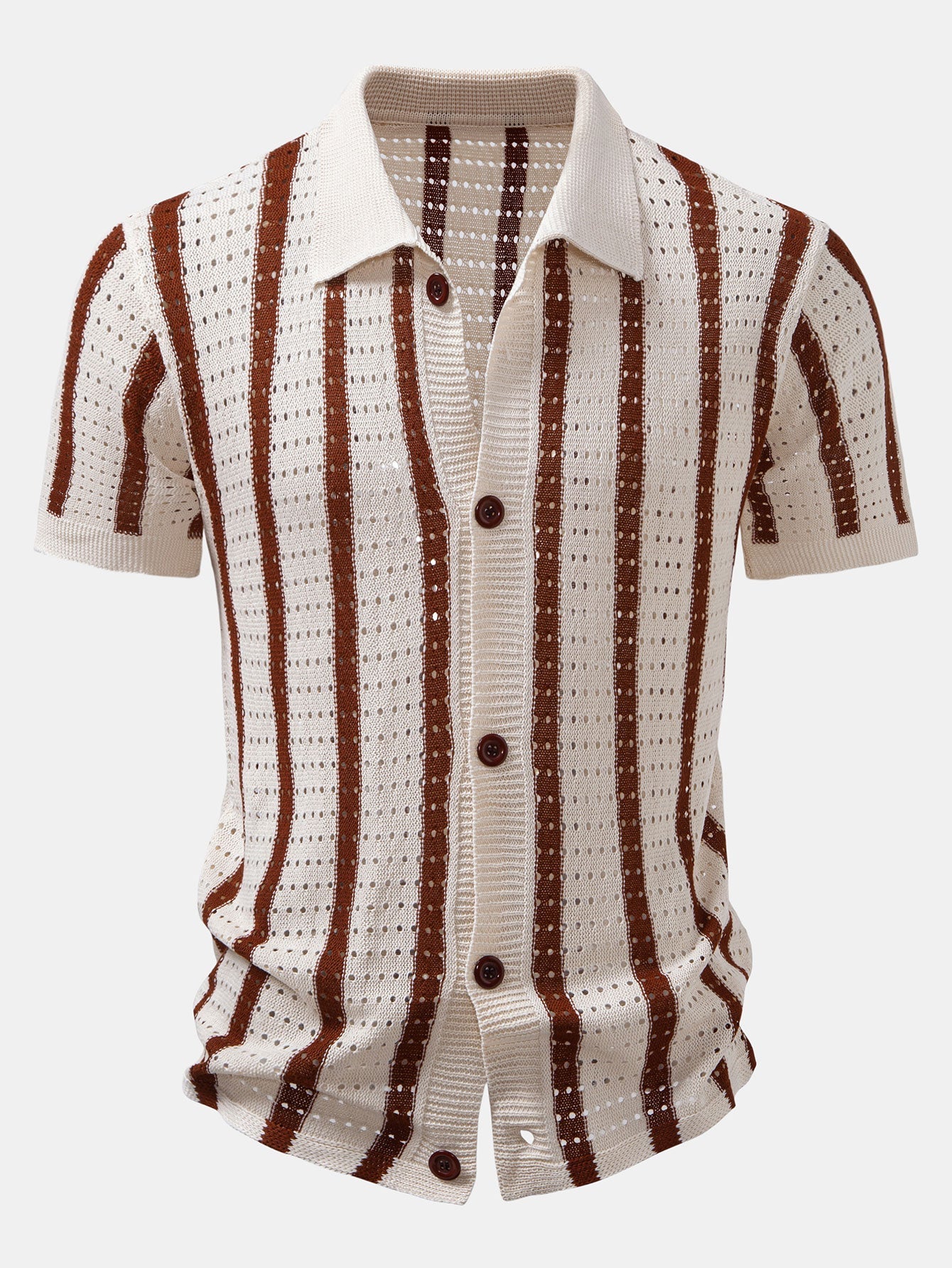 Stripe Open Knit Shirt & Crinkle Textured Drawstring 5" Shorts