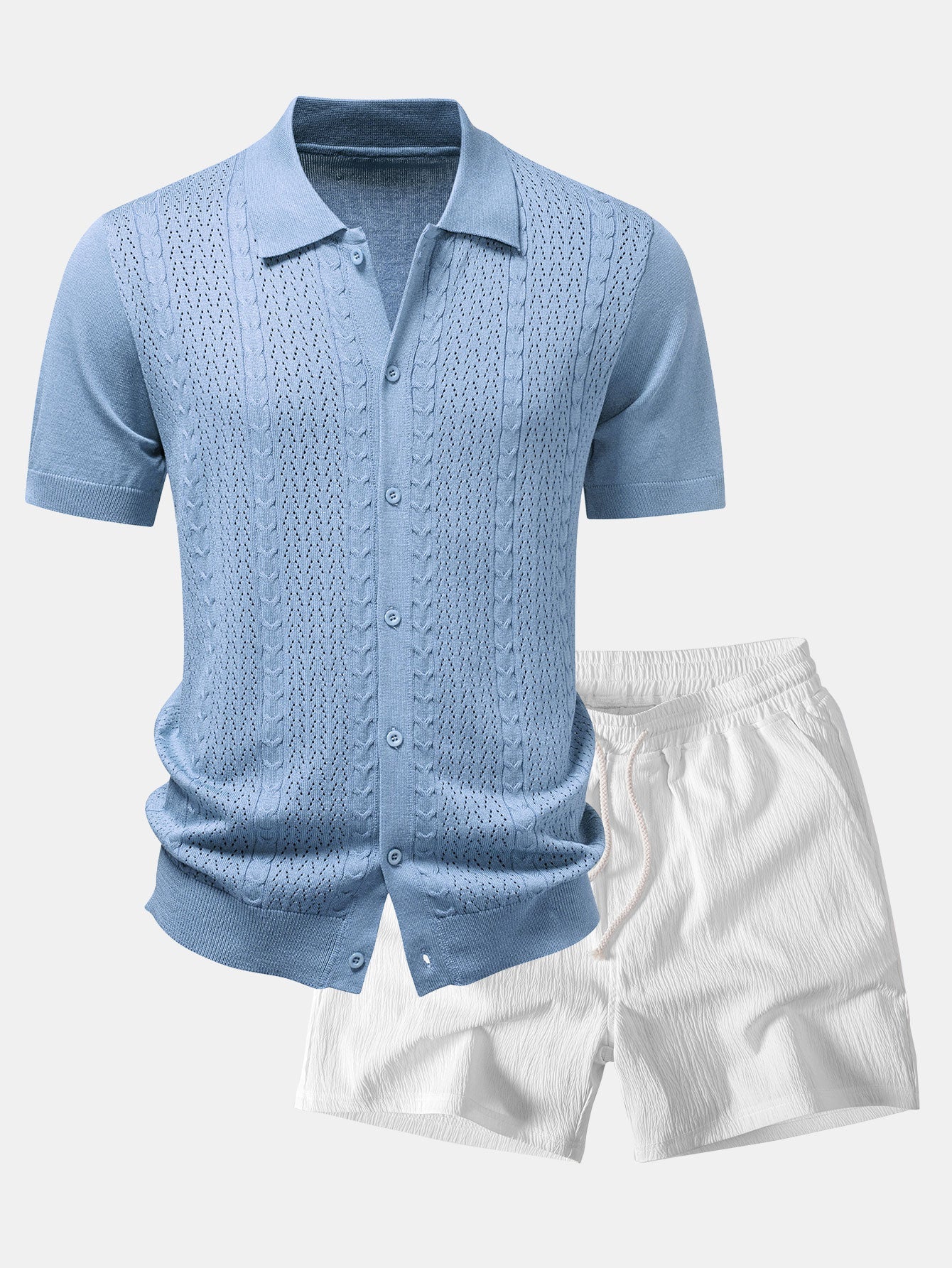 Twisted Jacquard Button Up Knit Shirt & Crinkle Textured Drawstring 5" Shorts