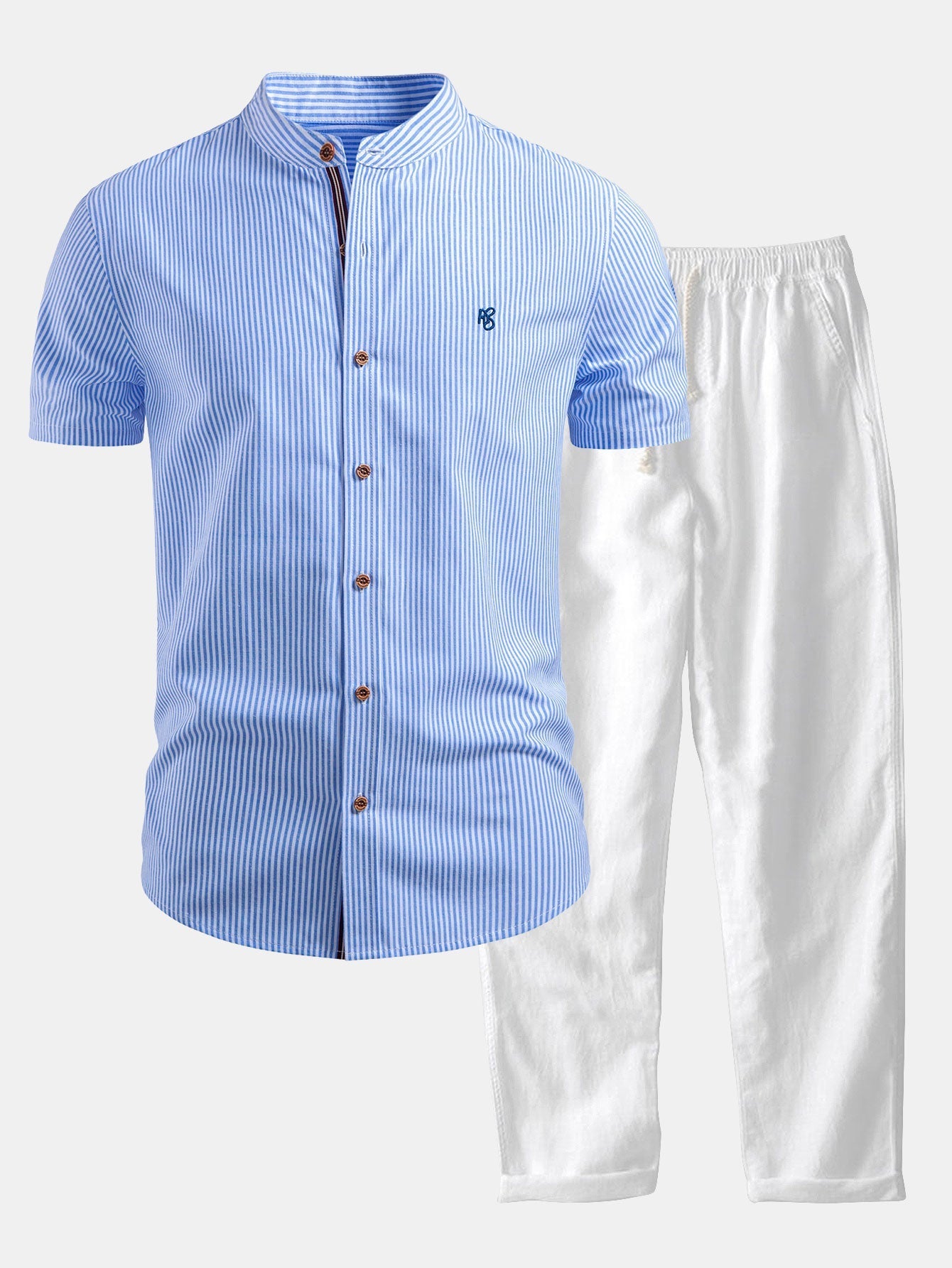 Short Sleeve Cotton Stripe Stand Collar Shirt & Straight Leg Linen Pants