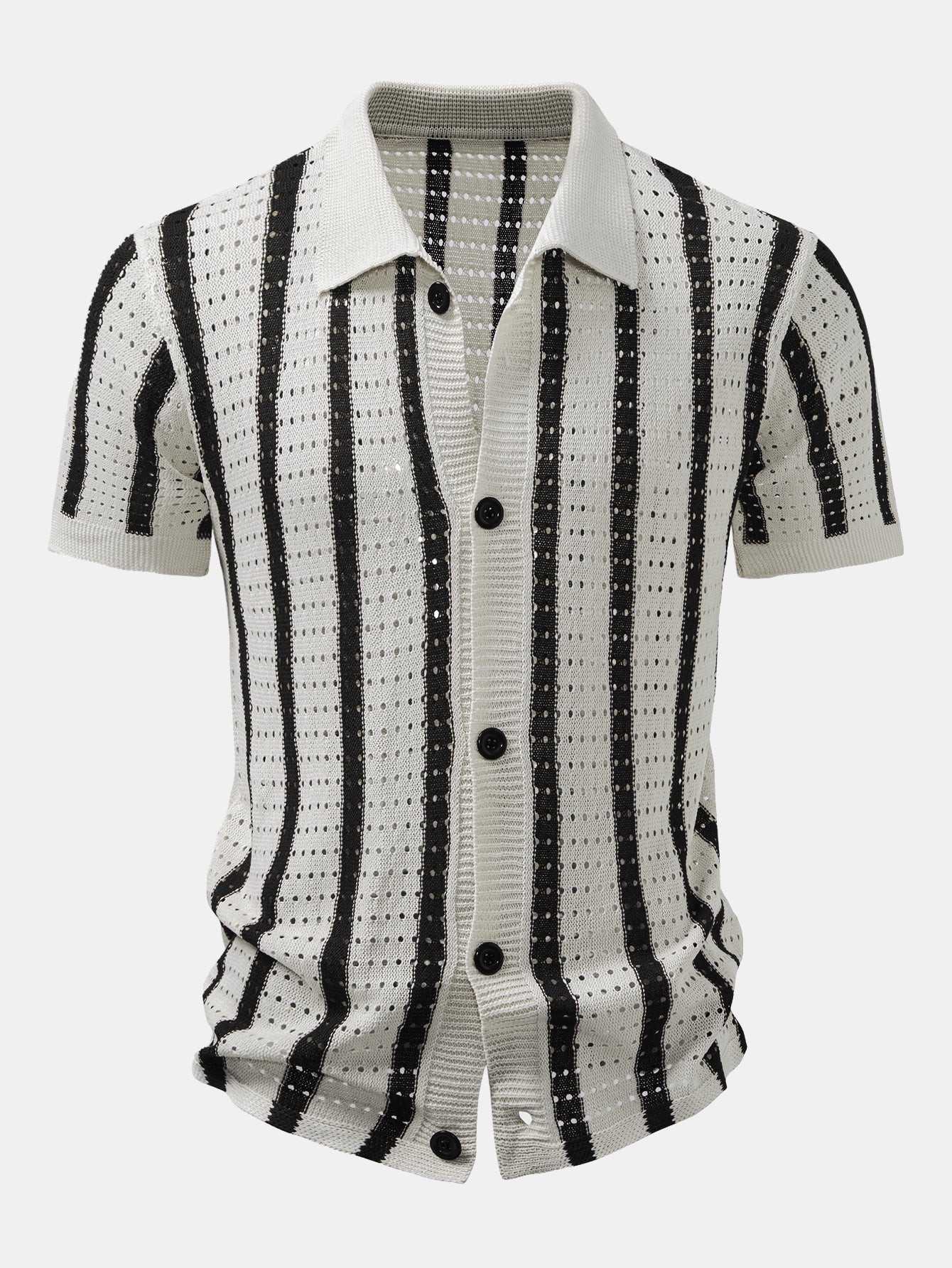 Stripe Open Knit Shirt & Crinkle Textured Drawstring 5" Shorts