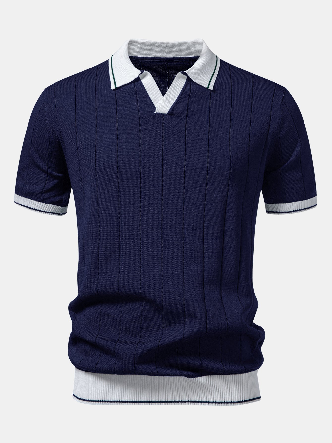 Contrast Trim Ribbed Johnny Collar Knit Polo & Slim Fit Tapered Trousers