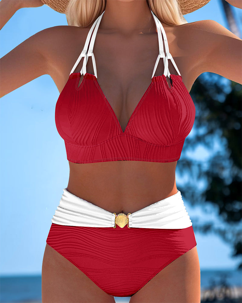 Coral | Two-Tone Halter Bikini with Shell Detail