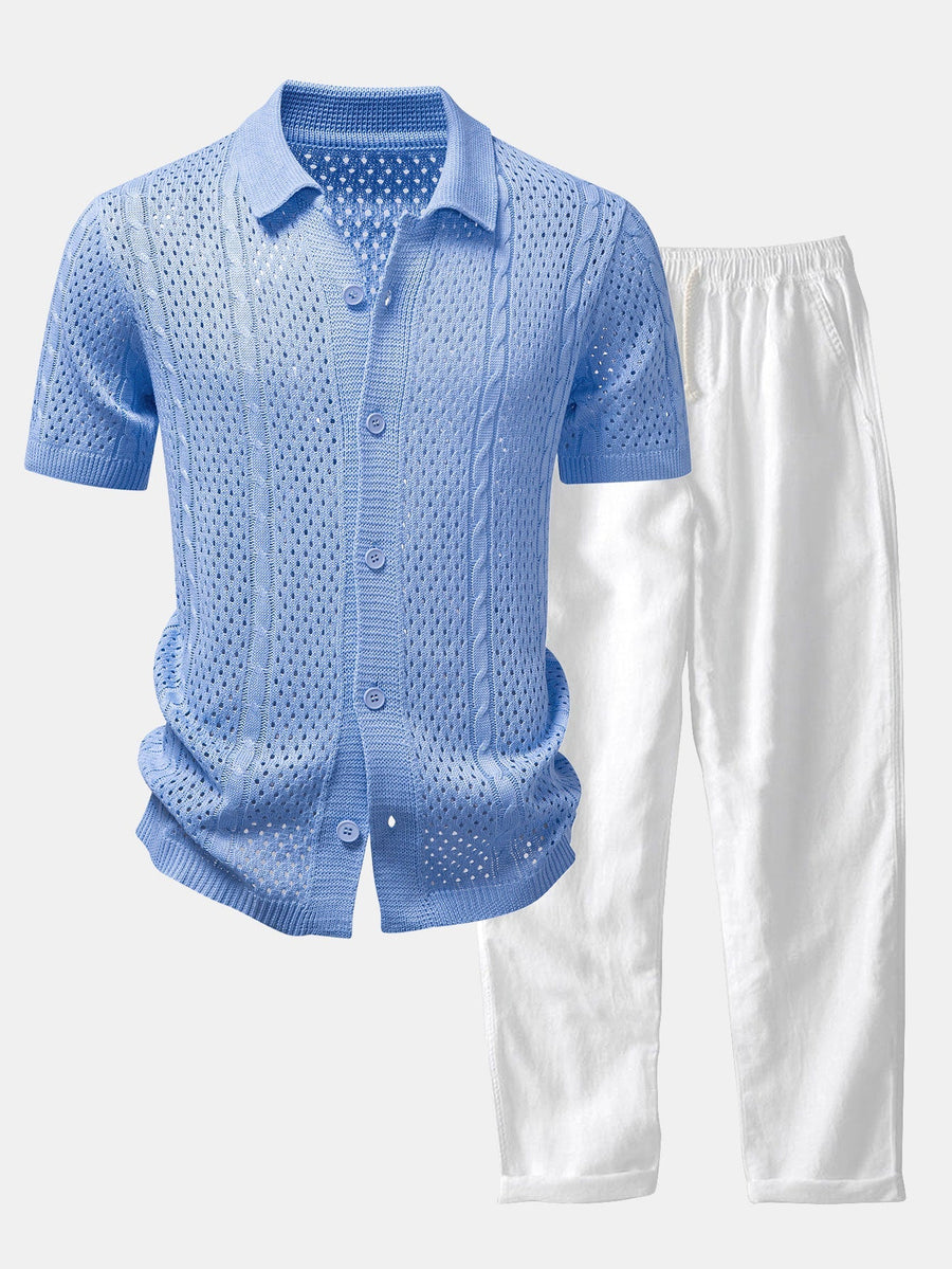 Open Knit Shirt & Straight Leg Linen Pants
