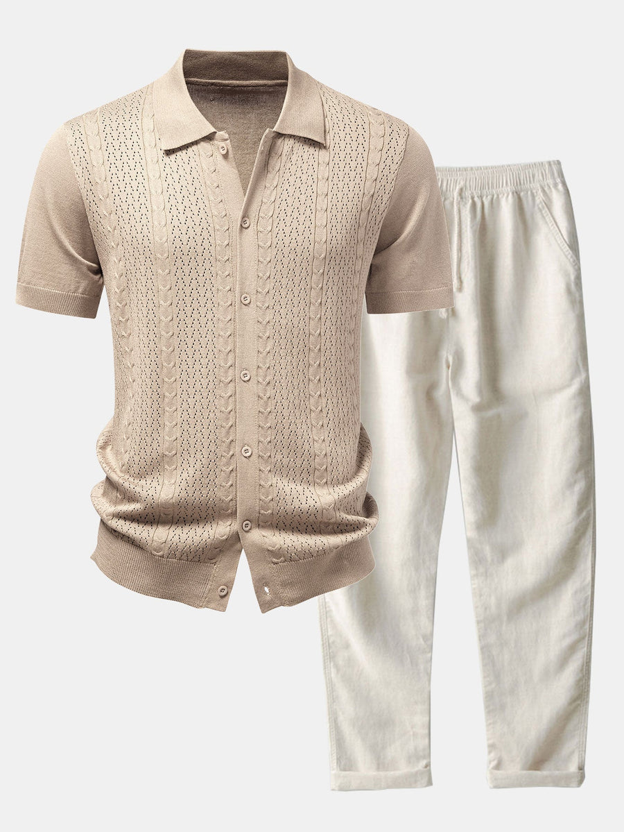 Twisted Jacquard Button Up Knit Shirt & Straight Leg Linen Pants