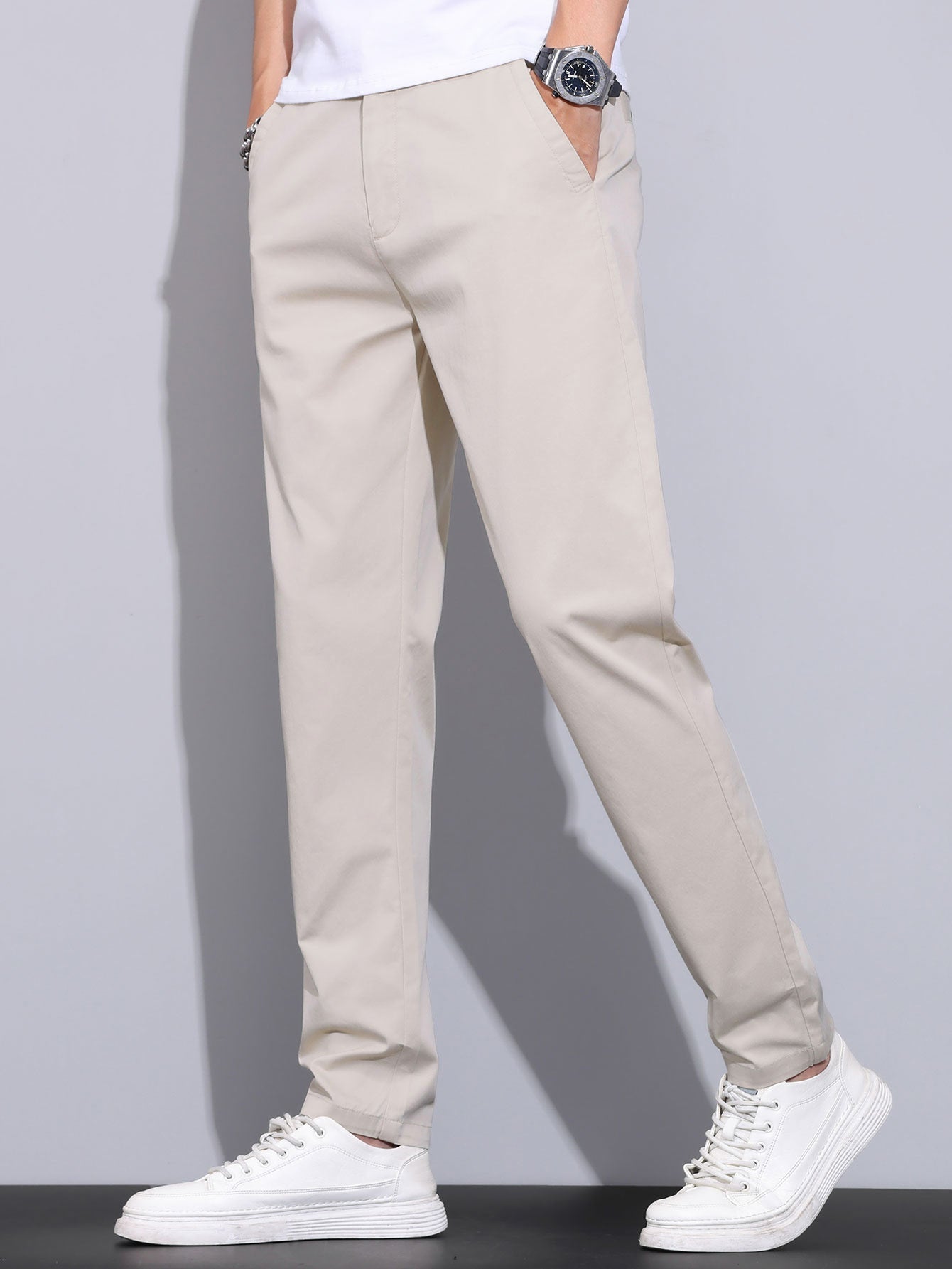 Contrast Trim Textured Zipper Knit Polo & Elastic Waist Straight Leg Trousers