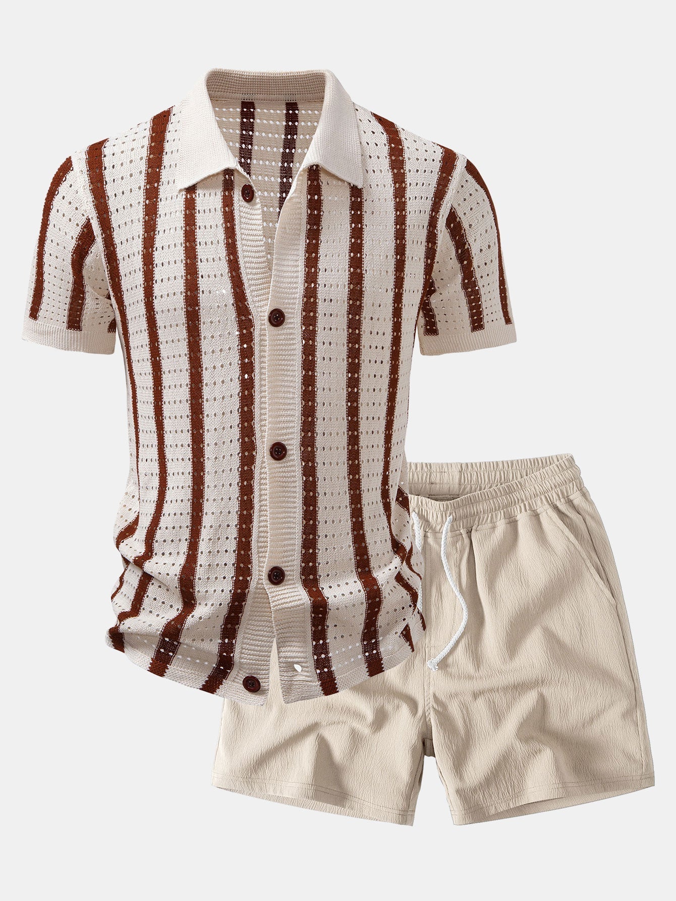 Stripe Open Knit Shirt & Crinkle Textured Drawstring 5" Shorts