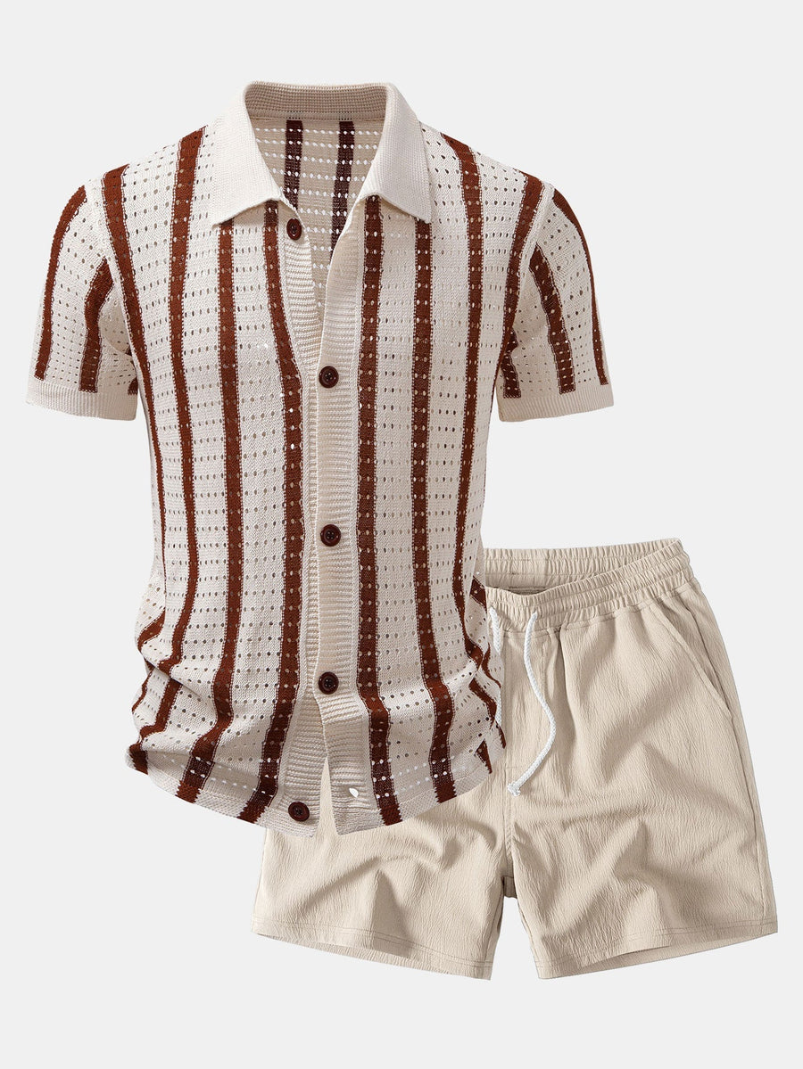 Stripe Open Knit Shirt & Crinkle Textured Drawstring 5" Shorts