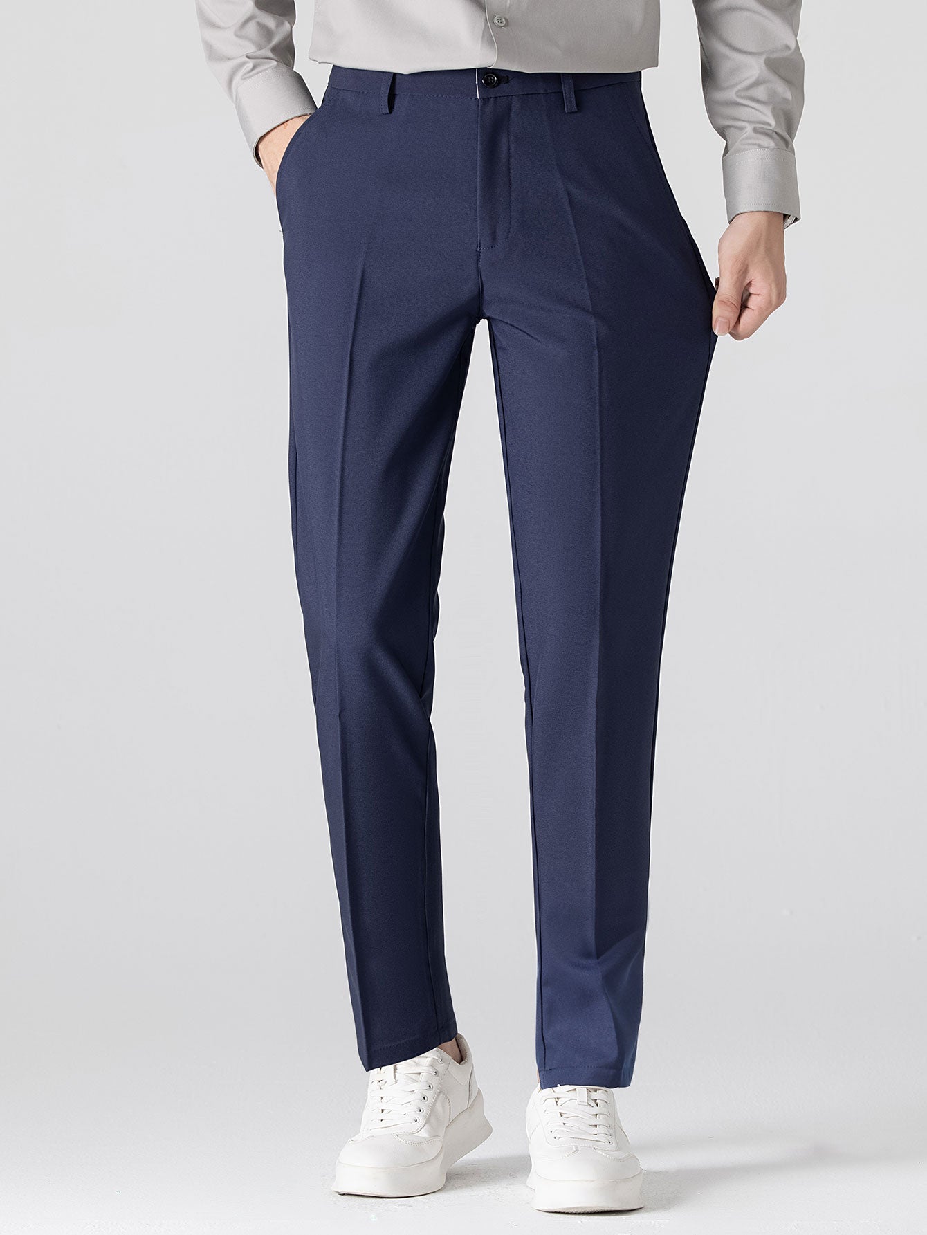Contrast Trim Ribbed Johnny Collar Knit Polo & Slim Fit Tapered Trousers