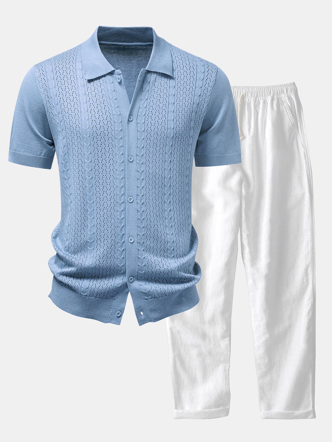 Twisted Jacquard Button Up Knit Shirt & Straight Leg Linen Pants