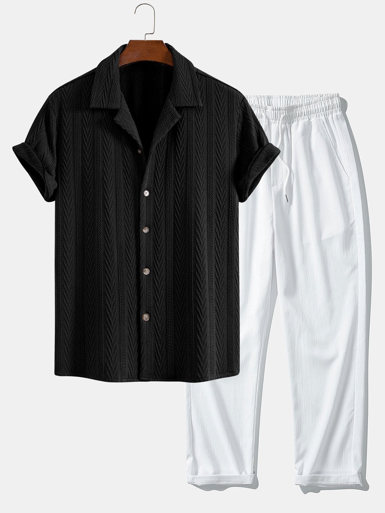 Textuur Jacquard Cubaanse Shirt & Kreukel Textuur Rechte Pantalon
