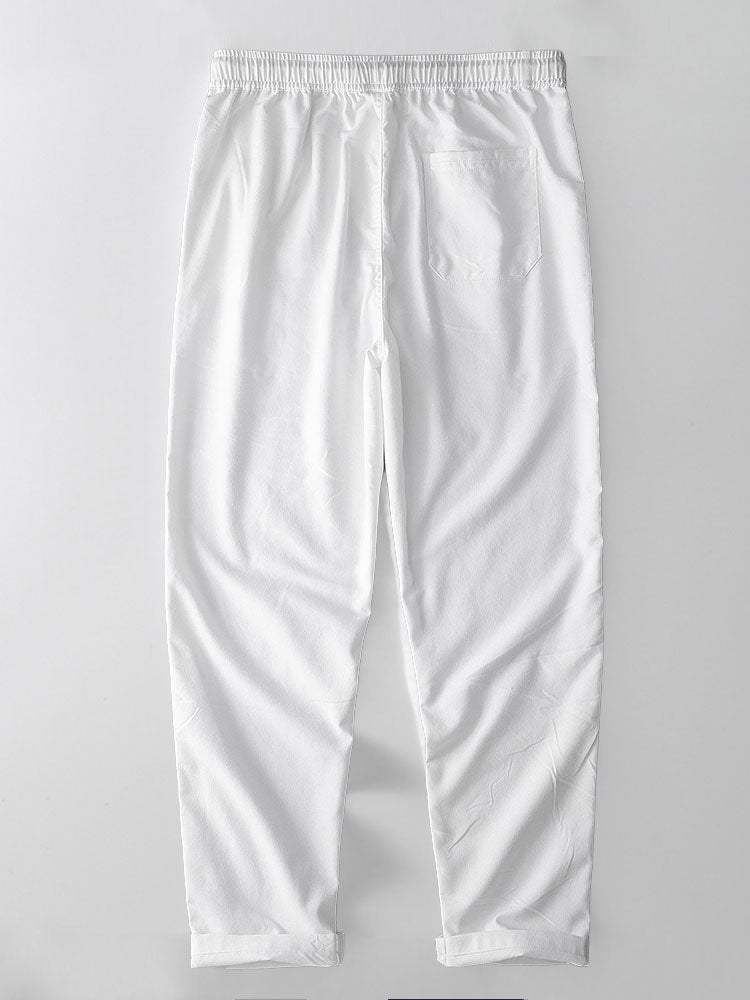 Short Sleeve Cotton Stripe Stand Collar Shirt & Straight Leg Linen Pants