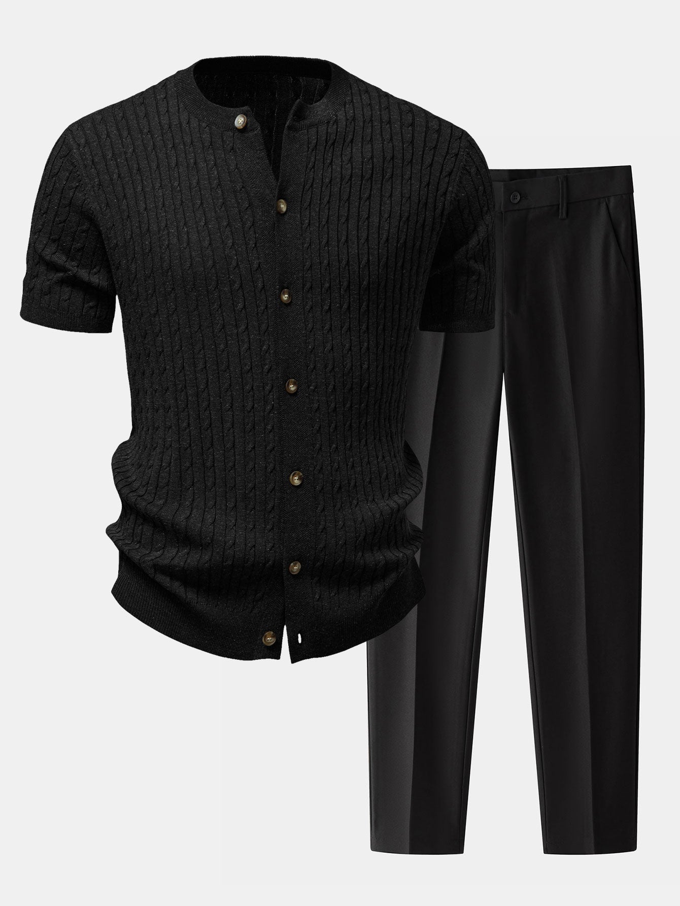 Twisted Jacquard Crew Neck Button Up Knit Shirt & Slim Fit Tapered Trousers