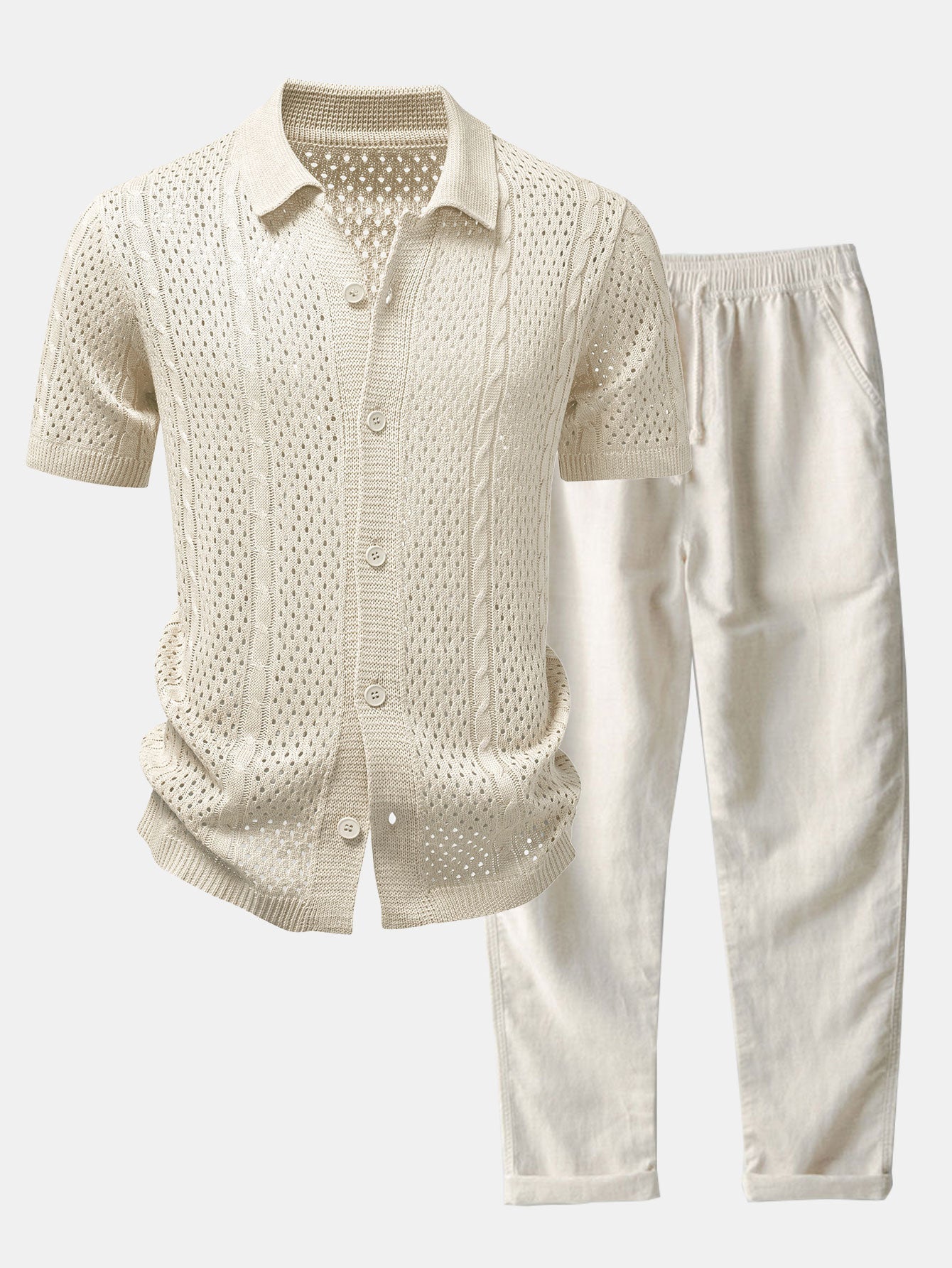 Open Knit Shirt & Straight Leg Linen Pants