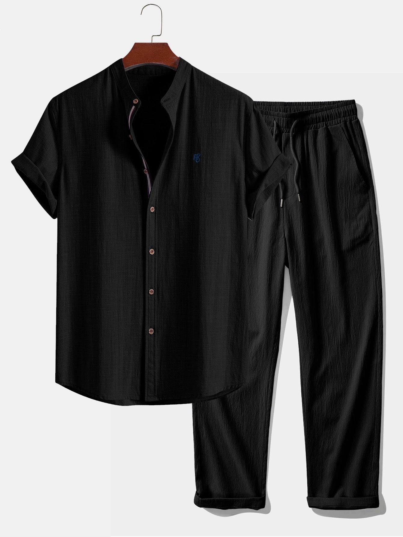 Short Sleeve Linen Look Stand Collar Shirt & Crinkle Textured Straight Leg Pants