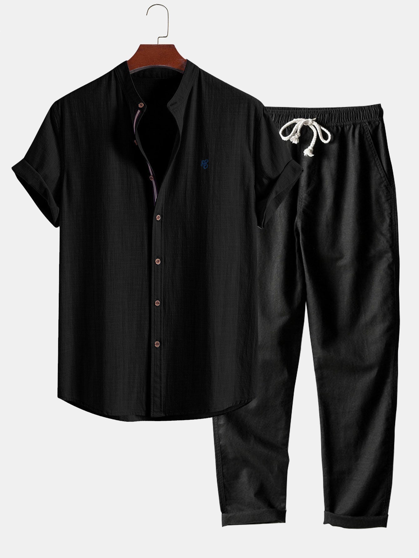 Short Sleeve Linen Look Stand Collar Shirt & Straight Leg Linen Pants