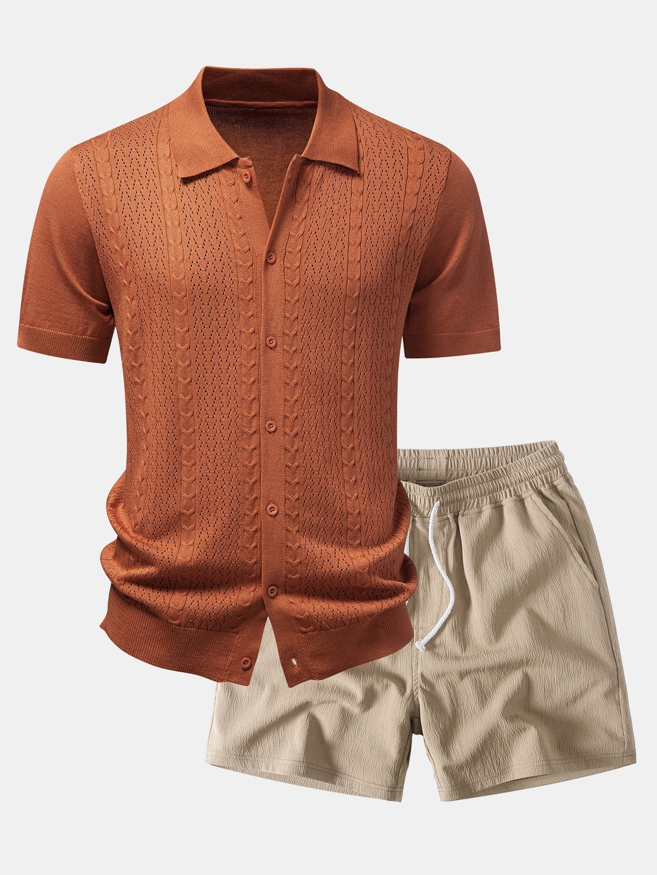 Twisted Jacquard Button Up Knit Shirt & Crinkle Textured Drawstring 5" Shorts