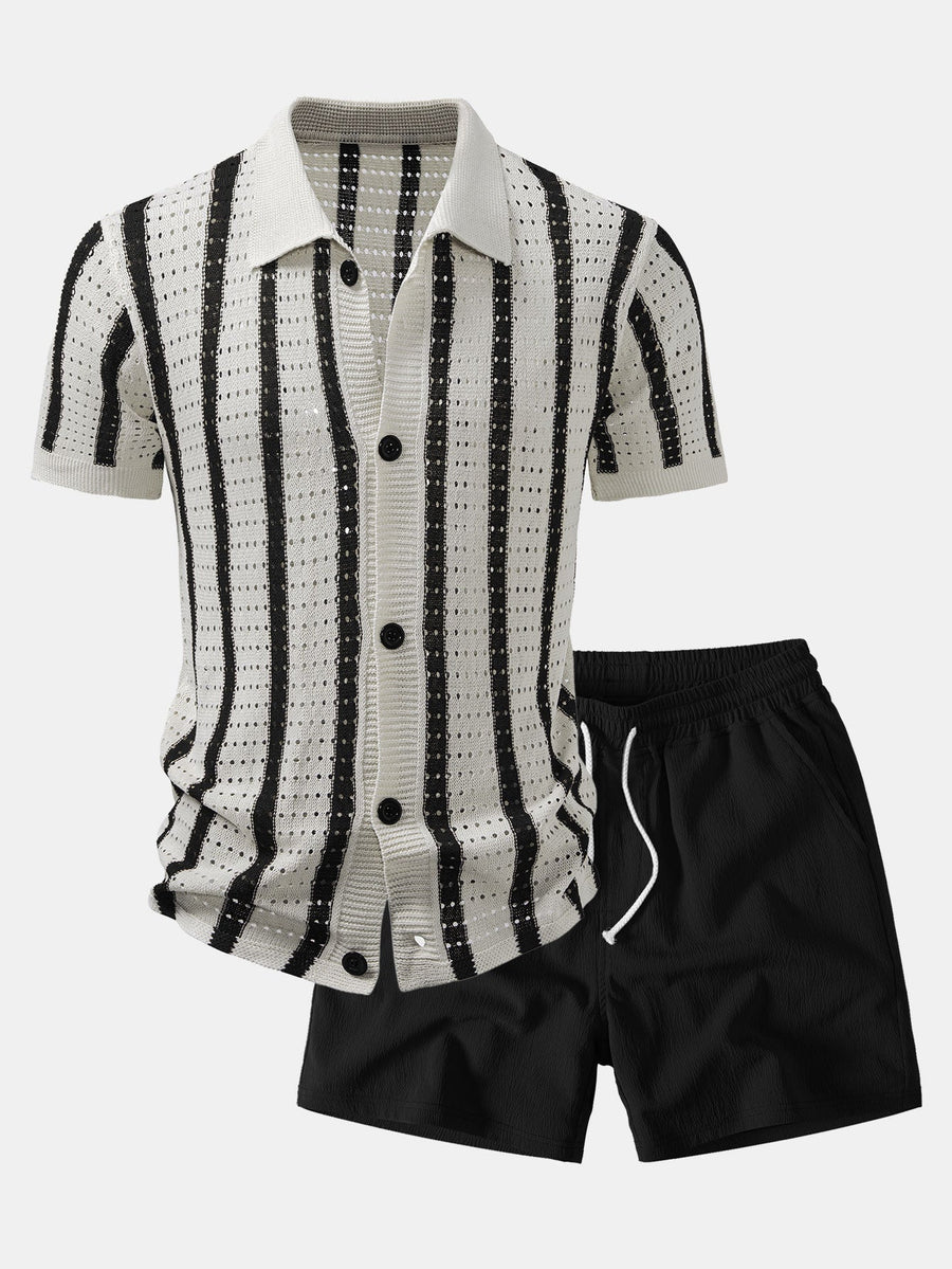 Stripe Open Knit Shirt & Crinkle Textured Drawstring 5" Shorts