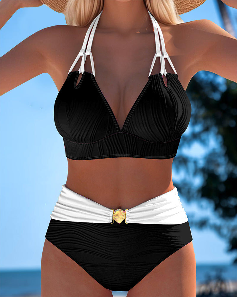 Coral | Two-Tone Halter Bikini with Shell Detail