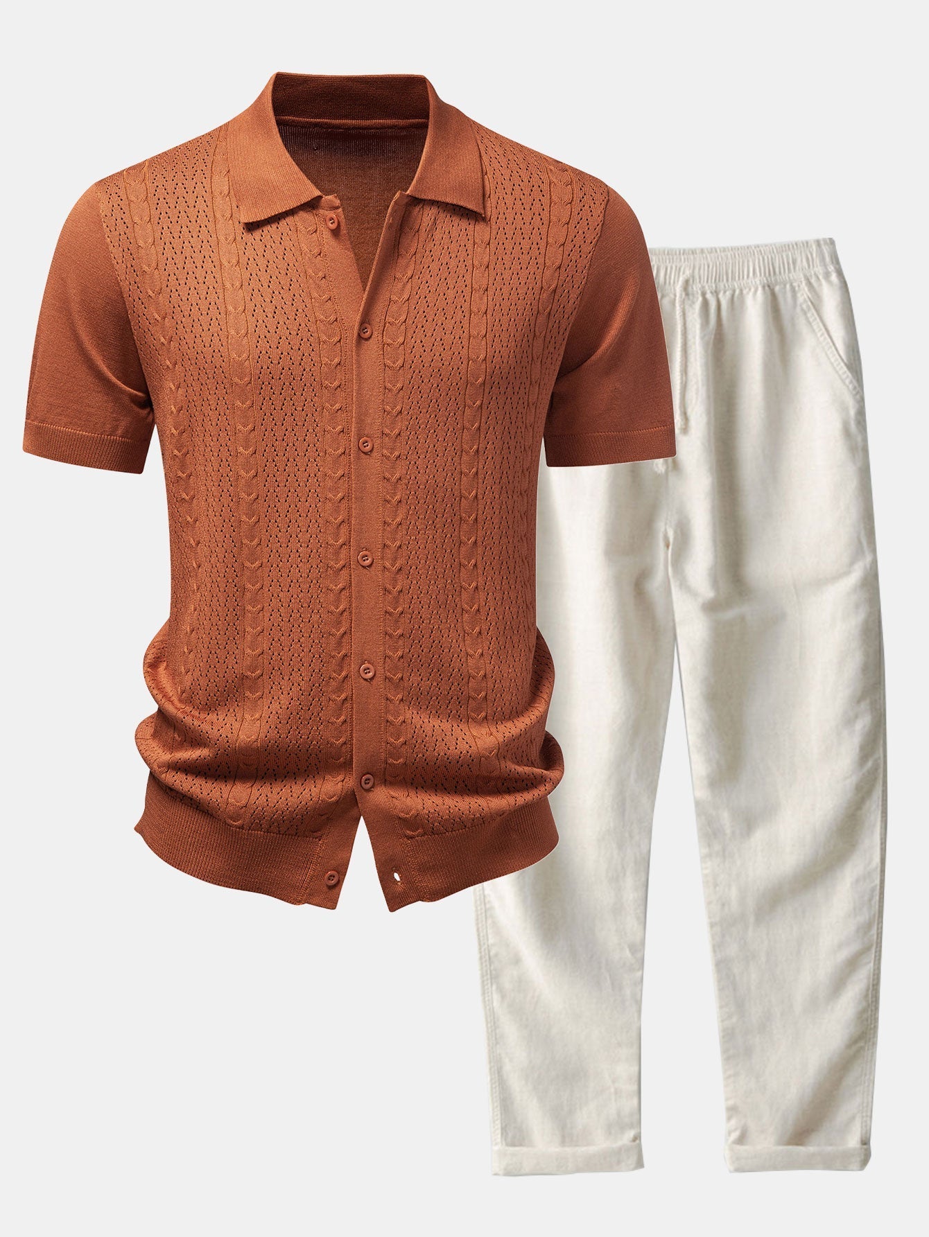 Twisted Jacquard Button Up Knit Shirt & Straight Leg Linen Pants