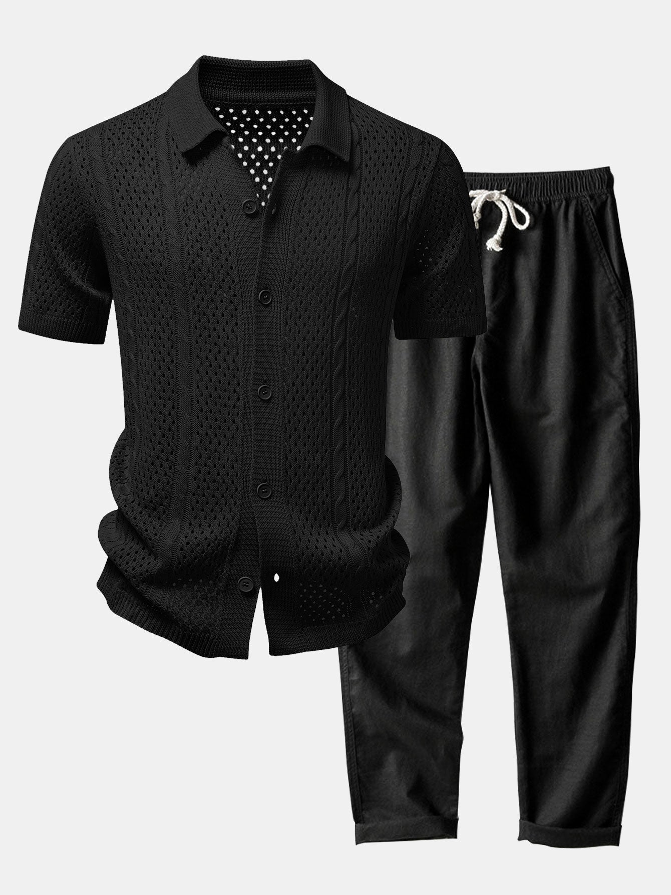 Open Knit Shirt & Straight Leg Linen Pants