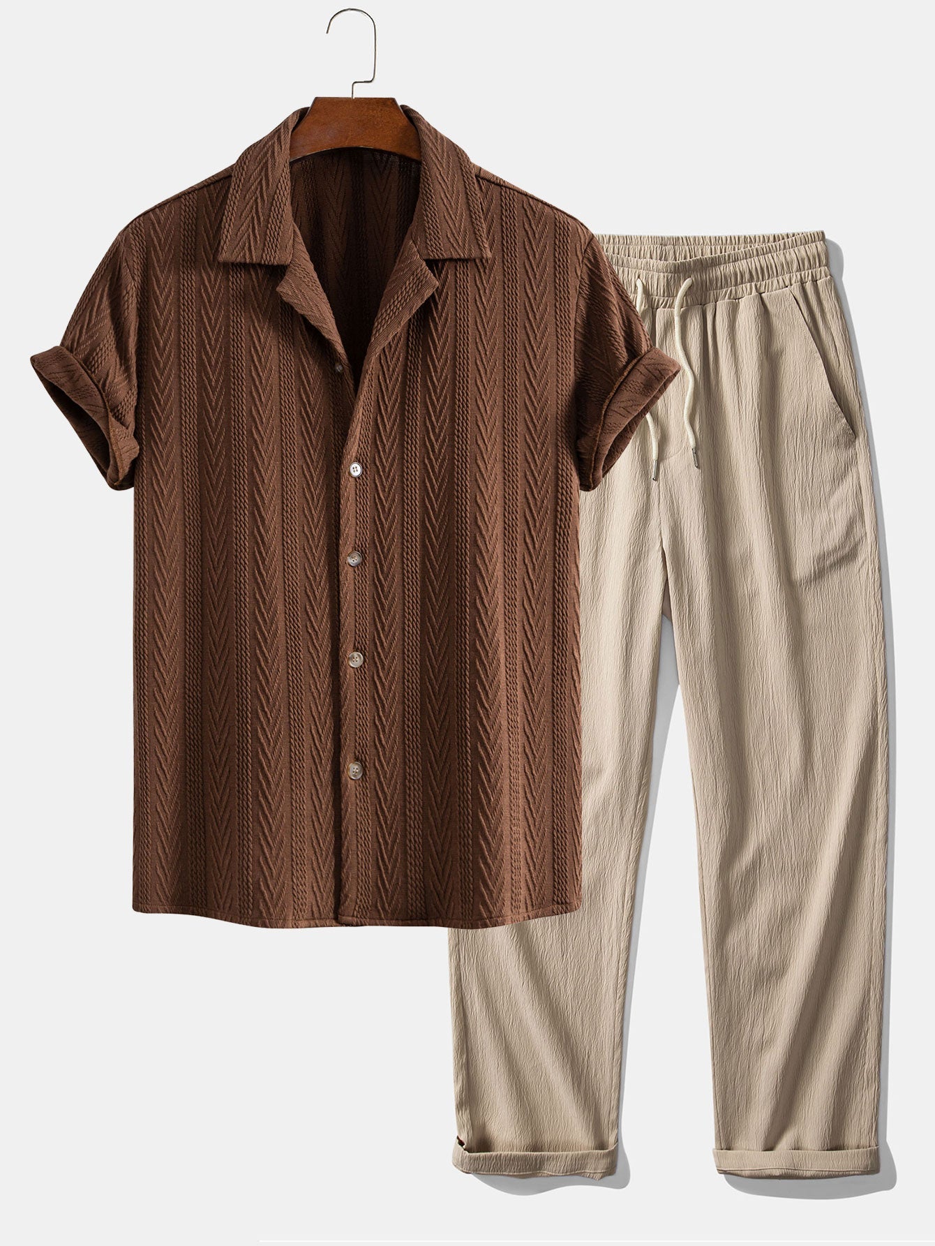 Textuur Jacquard Cubaanse Shirt & Kreukel Textuur Rechte Pantalon