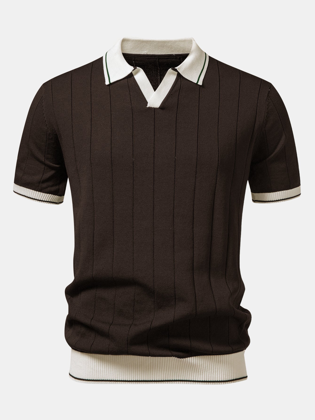 Contrast Trim Ribbed Johnny Collar Knit Polo & Elastic Waist Straight Leg Trousers