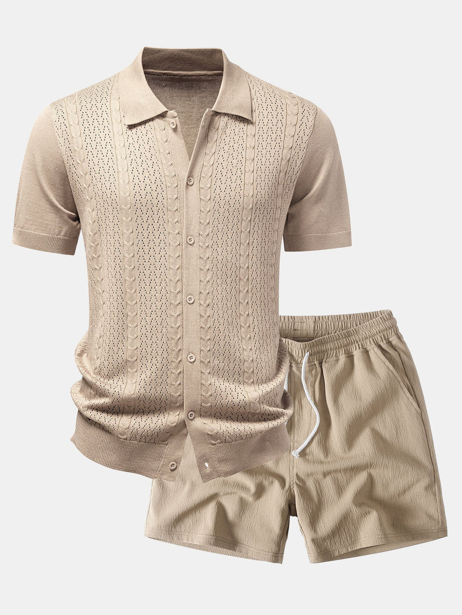 Twisted Jacquard Button Up Knit Shirt & Crinkle Textured Drawstring 5" Shorts