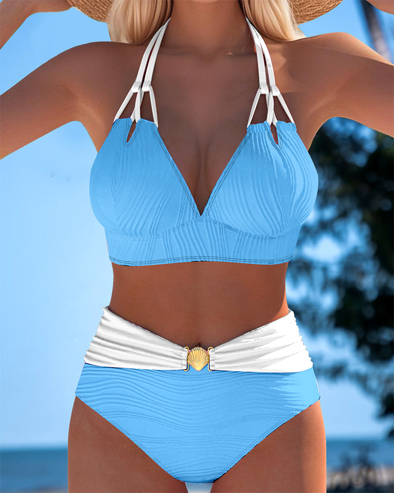 Coral | Two-Tone Halter Bikini with Shell Detail