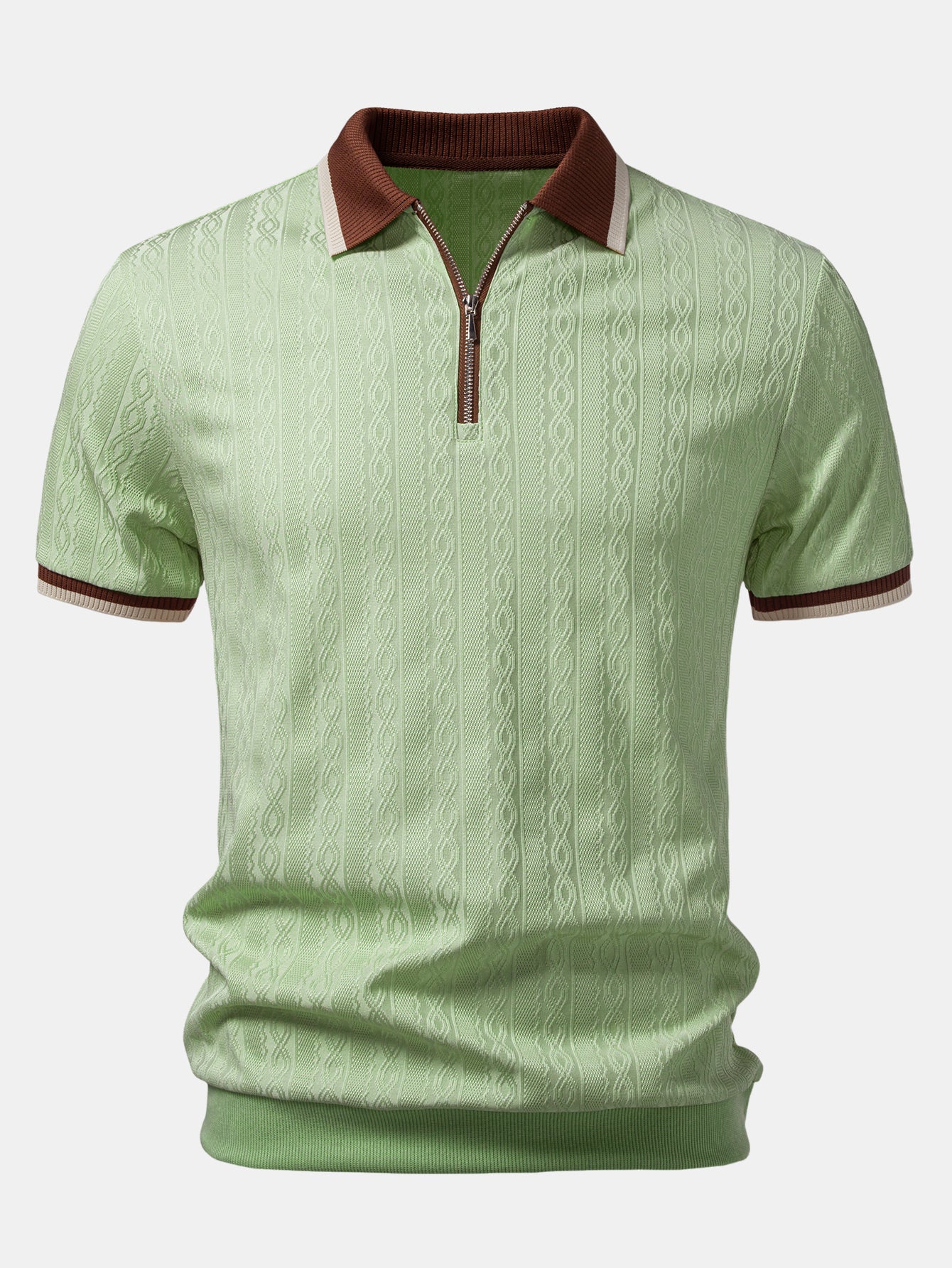 Contrast Trim Textured Zipper Knit Polo & Elastic Waist Straight Leg Trousers
