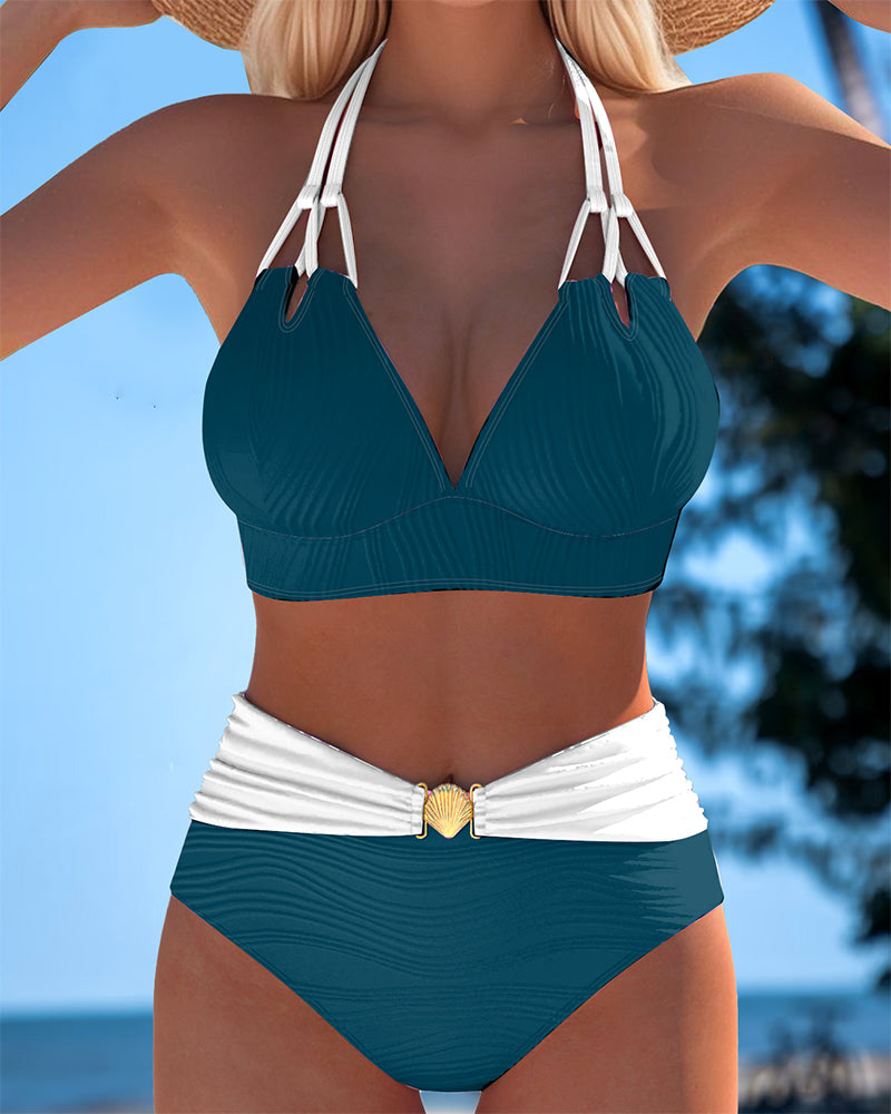Coral | Two-Tone Halter Bikini with Shell Detail