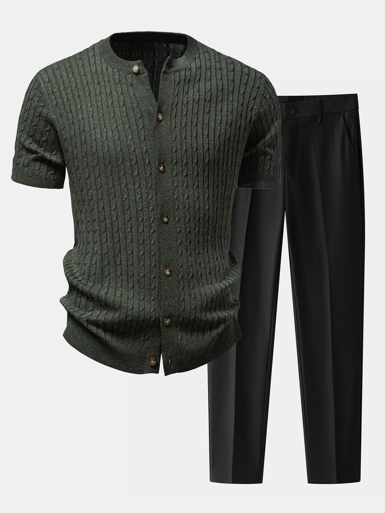 Twisted Jacquard Crew Neck Button Up Knit Shirt & Slim Fit Tapered Trousers