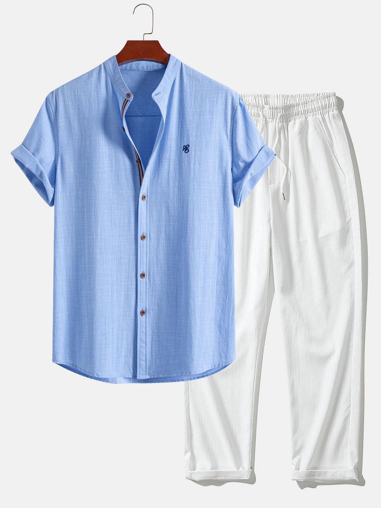 Short Sleeve Linen Look Stand Collar Shirt & Crinkle Textured Straight Leg Pants