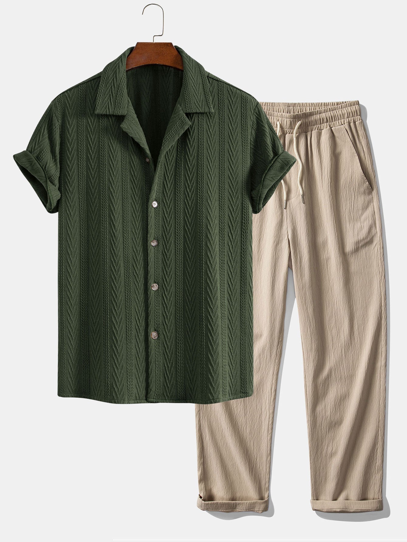 Textuur Jacquard Cubaanse Shirt & Kreukel Textuur Rechte Pantalon