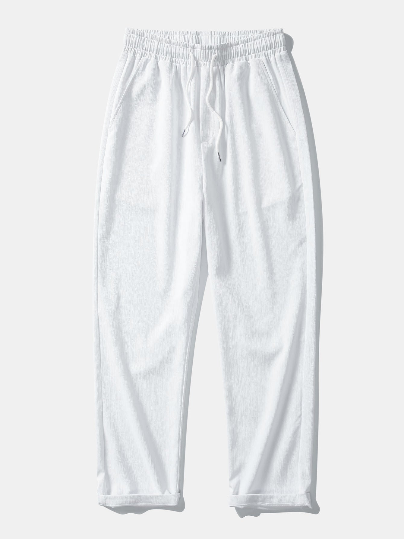 Short Sleeve Linen Look Stand Collar Shirt & Crinkle Textured Straight Leg Pants